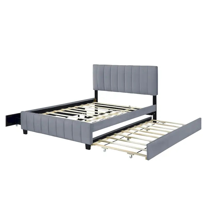 Lit plateforme rembourré Queen Size avec lit gigogne et tiroirs de rangement