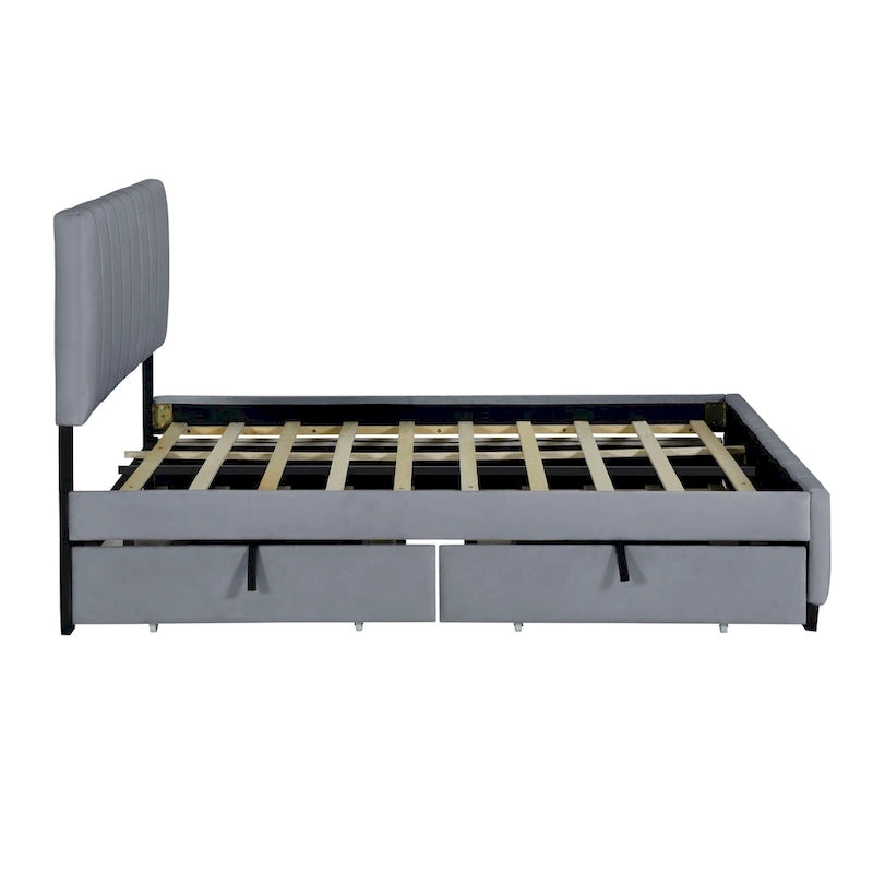 Lit plateforme rembourré Queen Size avec lit gigogne et tiroirs de rangement