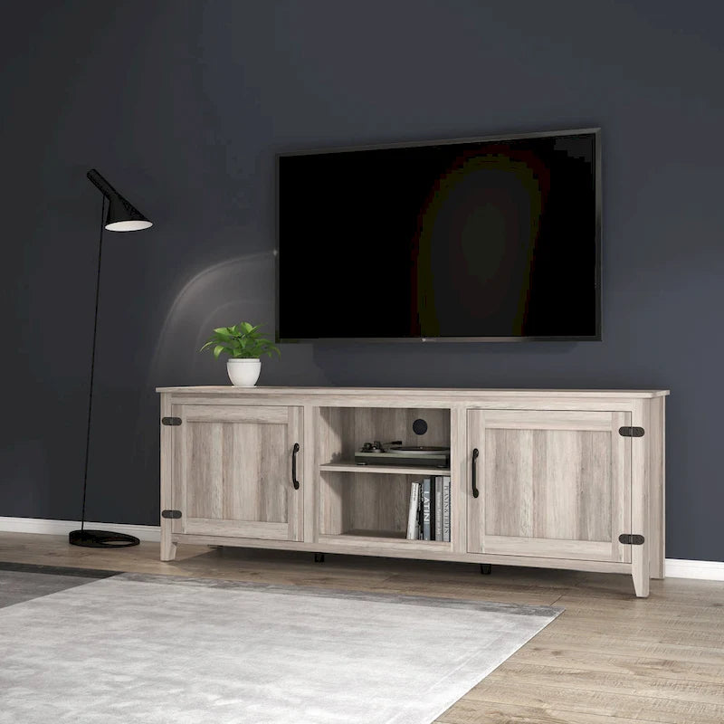 Meuble TV de 70 pouces avec portes et compartiments de rangement ouverts