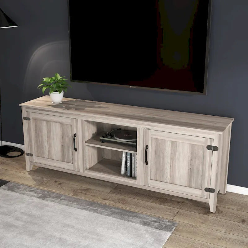 Meuble TV de 70 pouces avec portes et compartiments de rangement ouverts