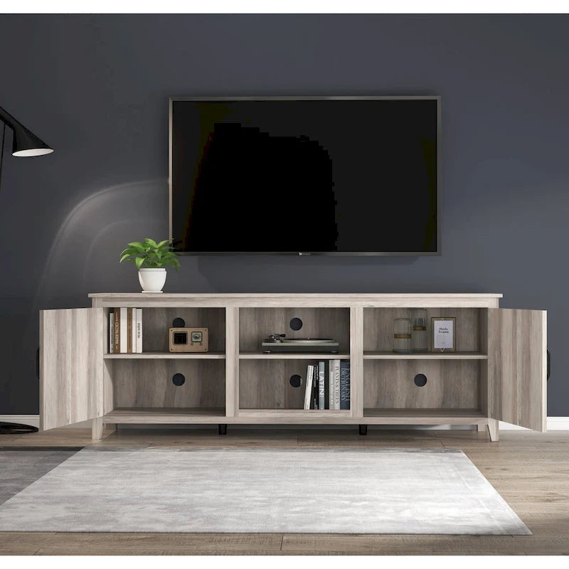 Meuble TV de 70 pouces avec portes et compartiments de rangement ouverts