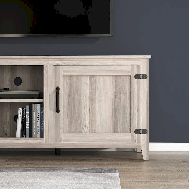 Meuble TV de 70 pouces avec portes et compartiments de rangement ouverts