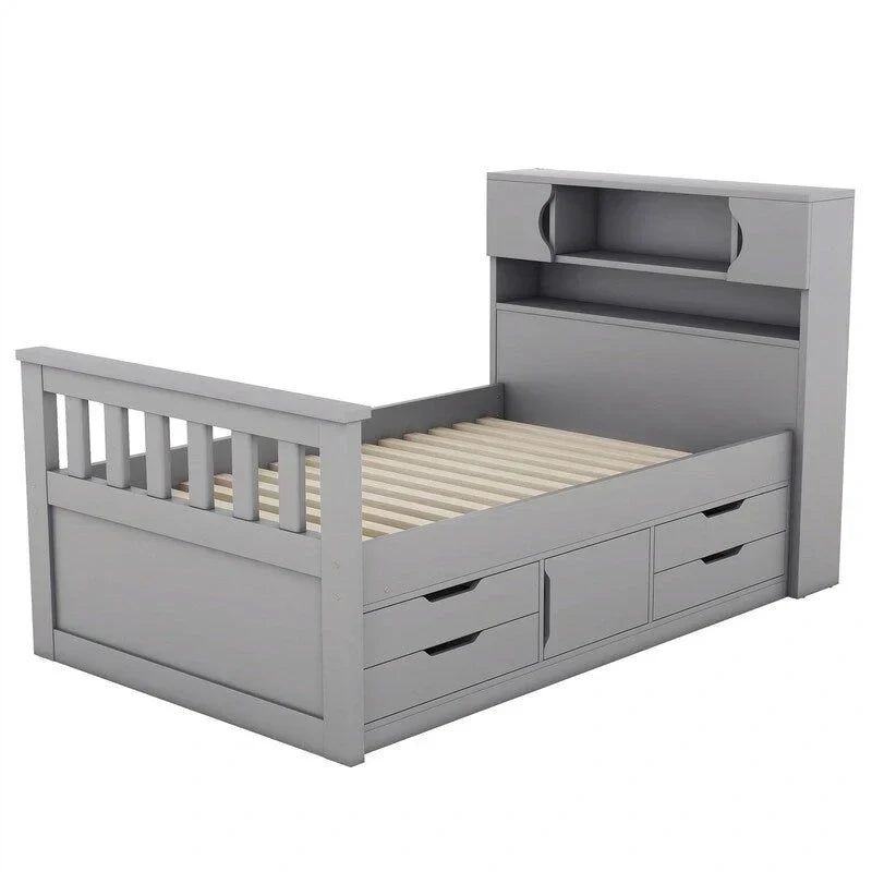 Twin/Full Size Captain Platform Bed with 4 Drawers and Storage Shelves, Solid Wood Bed Frame with Storage Bookcase Headboard