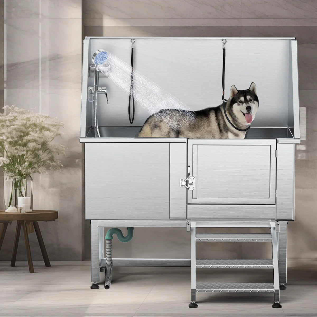 50'' W Stainless Steel Adjustable Pet Grooming Tub with Steps Ramp