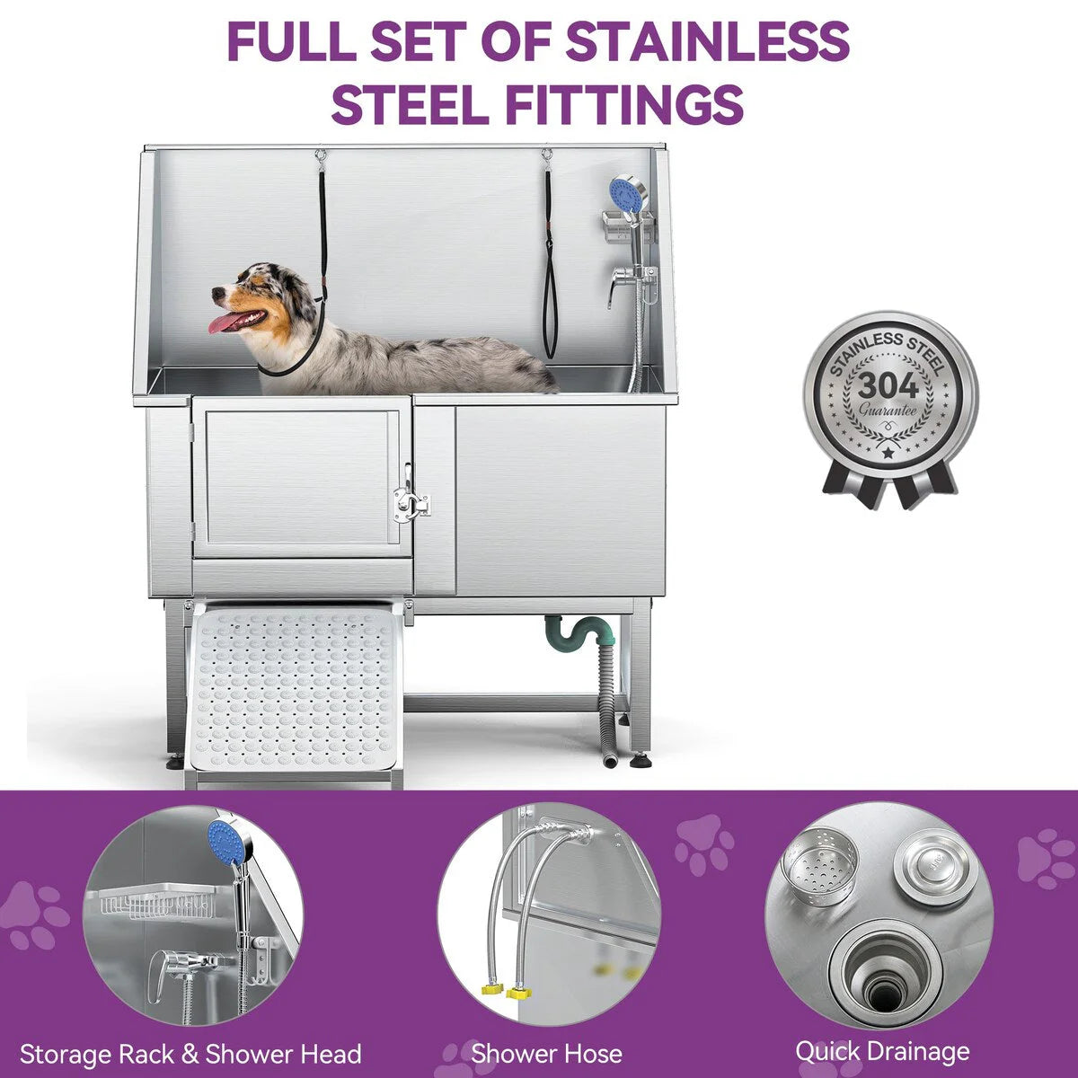 50'' W Stainless Steel Adjustable Pet Grooming Tub with Steps Ramp