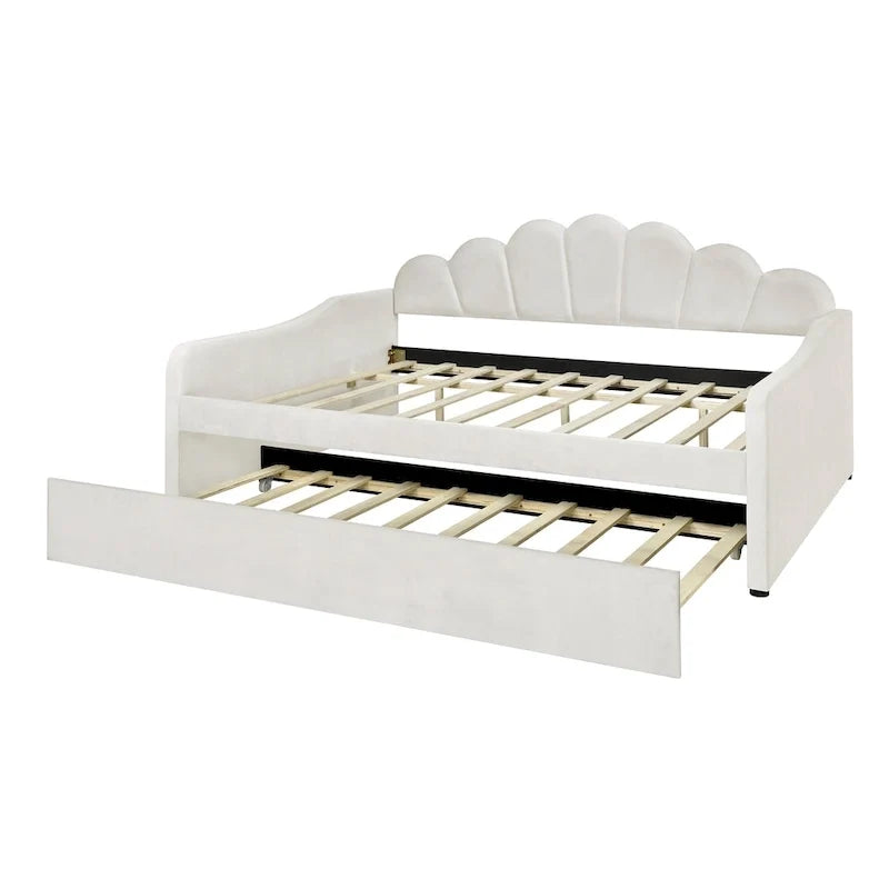 Full Size Upholstered Daybed with Shell Backrest and Trundle