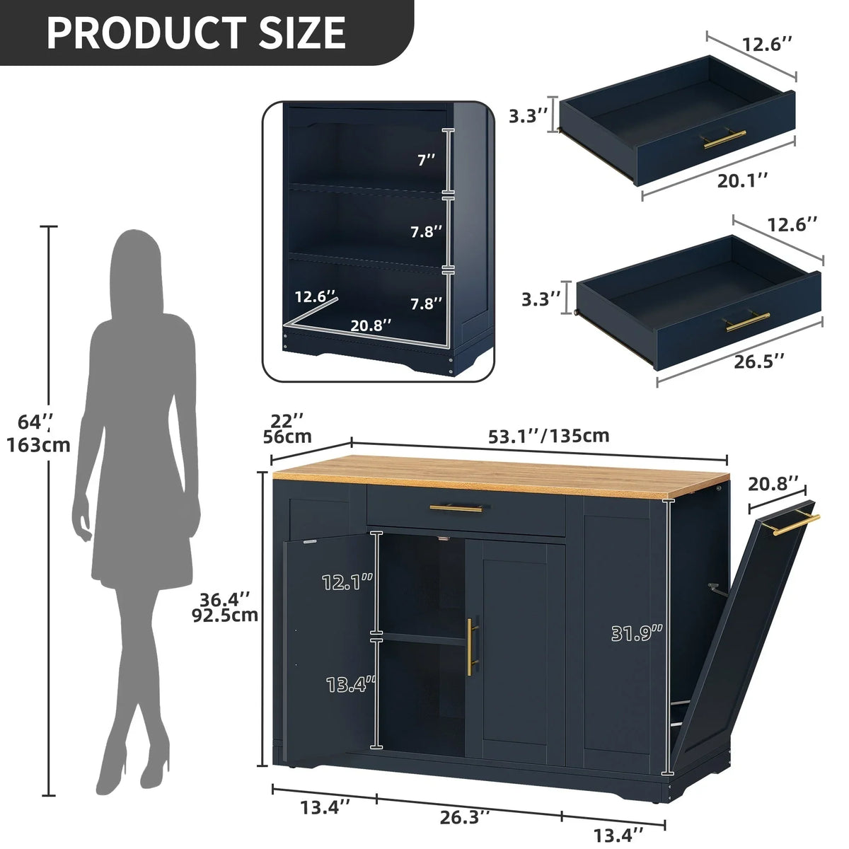 Moasis 53-inch Rolling Kitchen Island Storage Cabinet Portable Mobile Kitchen Cart