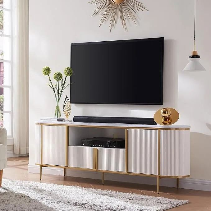 Modern Luxury TV Stand, Entertainment Cente, with Faux Marble Top