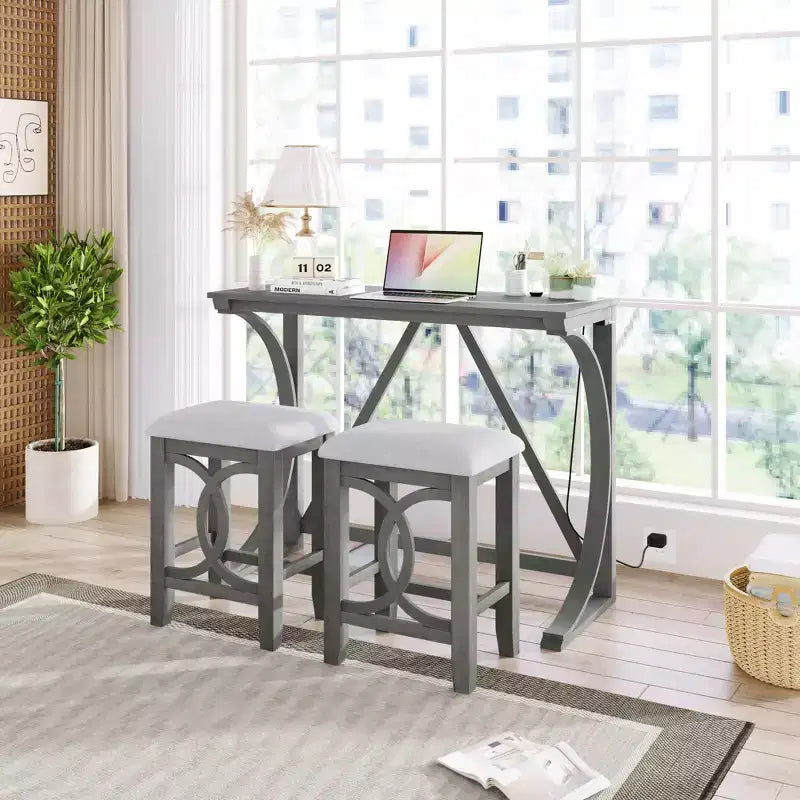 Farmhouse 3-Piece Counter Height Dining Table Set with USB Port and Upholstered Stools-ModernLuxe