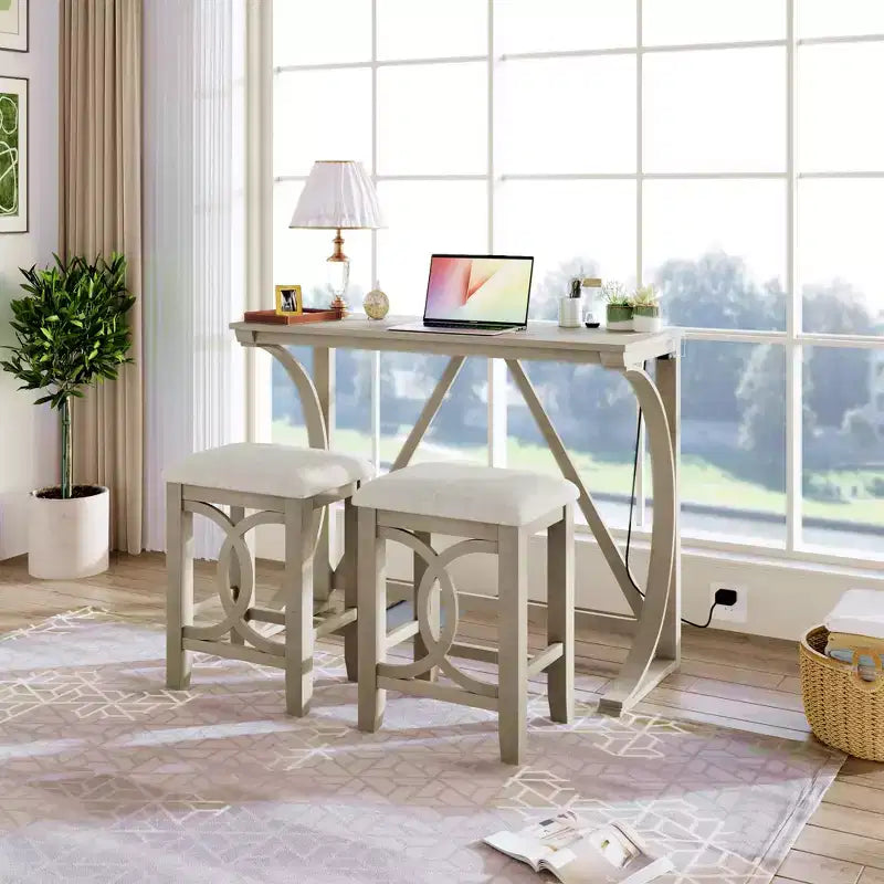 Farmhouse 3-Piece Counter Height Dining Table Set with USB Port and Upholstered Stools-ModernLuxe
