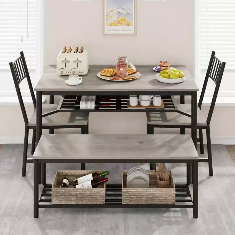 Dining Table Set for 4, Wooden Rectangular Kitchen Table with 2 Chairs and Bench, Dining Room Table with Wine Rack for Small Space, Apartment, Home