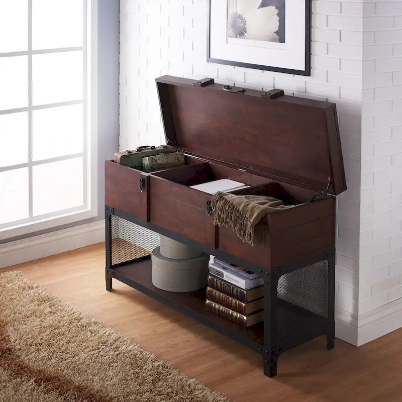 Console d'entrée vintage avec compartiment de rangement et étagère grillagée