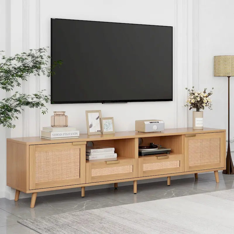 Meuble TV en rotin de 78 pouces avec placards de rangement et étagères ouvertes
