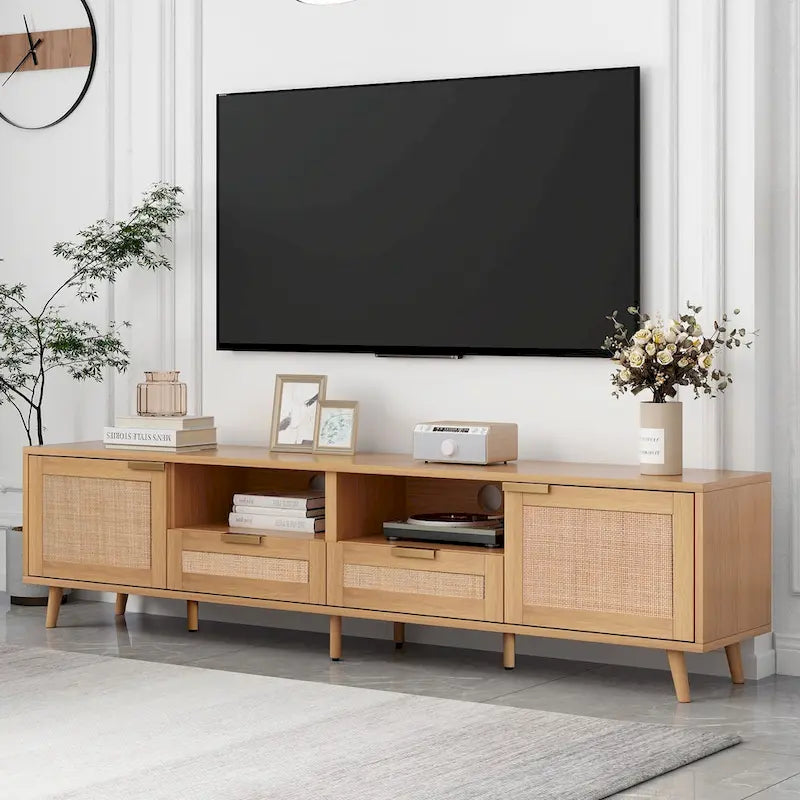 Meuble TV en rotin de 78 pouces avec placards de rangement et étagères ouvertes