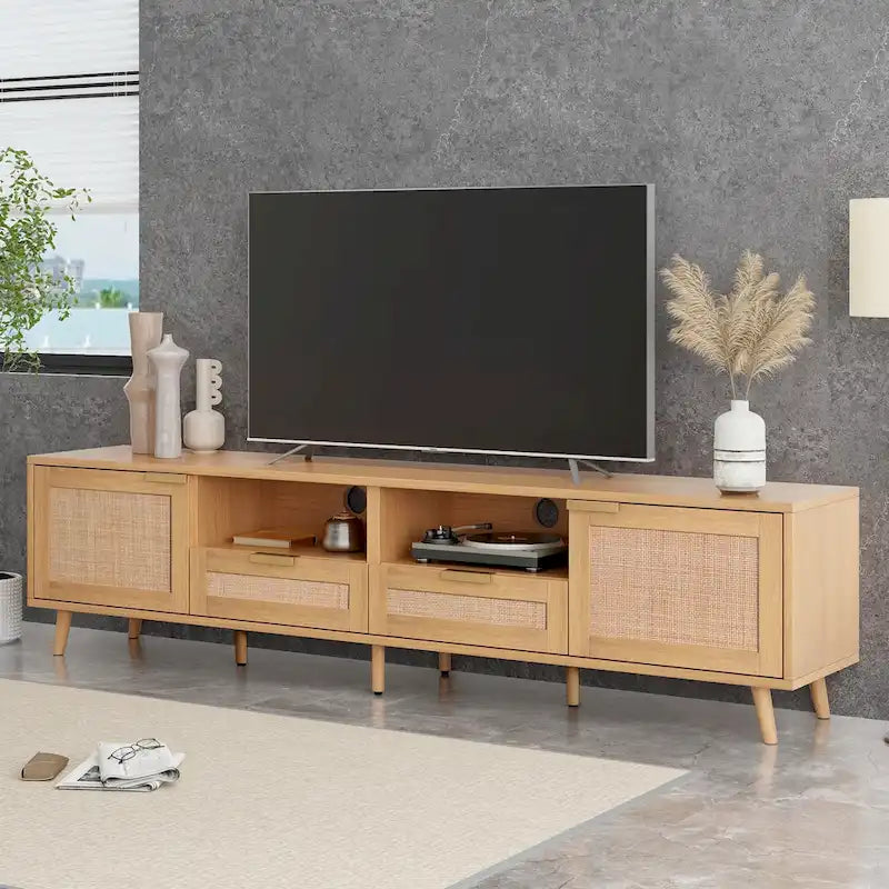 Meuble TV en rotin de 78 pouces avec placards de rangement et étagères ouvertes