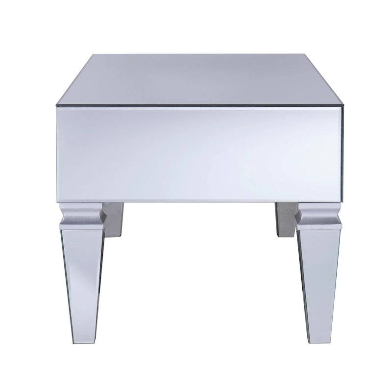 Table basse rectangulaire miroir avec tiroirs et panneaux en verre biseauté