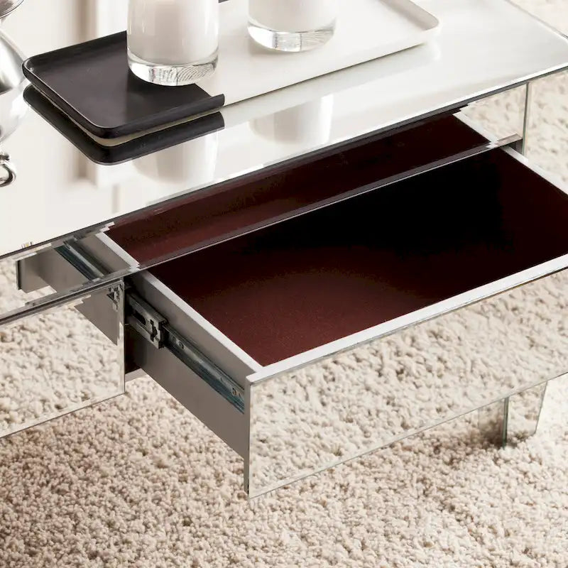 Table basse rectangulaire miroir avec tiroirs et panneaux en verre biseauté
