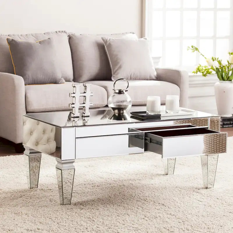 Table basse rectangulaire miroir avec tiroirs et panneaux en verre biseauté