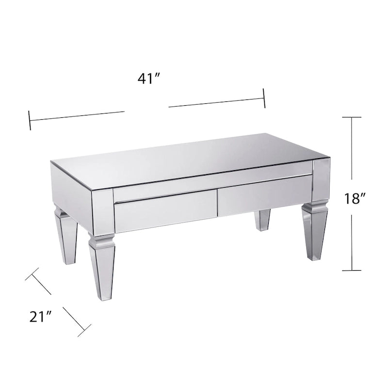 Table basse rectangulaire miroir avec tiroirs et panneaux en verre biseauté