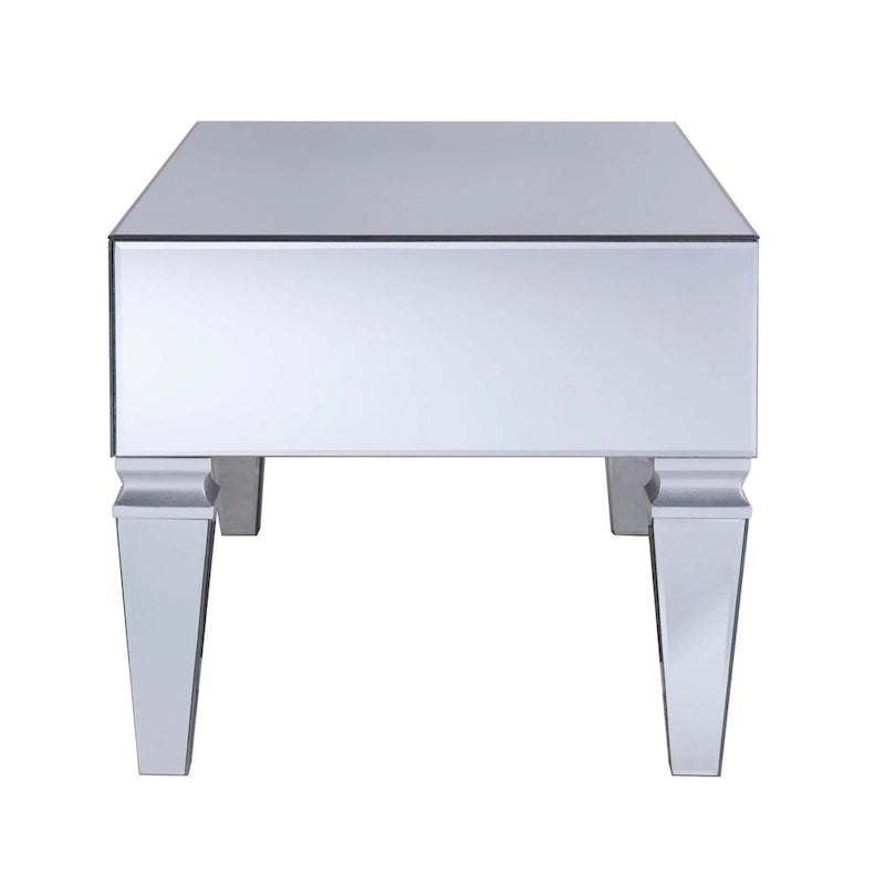Table basse rectangulaire miroir avec tiroirs et panneaux en verre biseauté