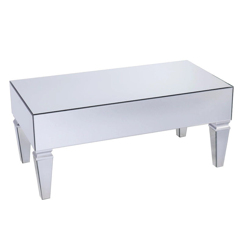 Table basse rectangulaire miroir avec tiroirs et panneaux en verre biseauté