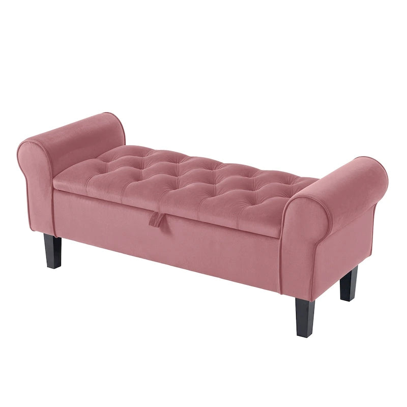 Banc de rangement en velours avec pieds en bois