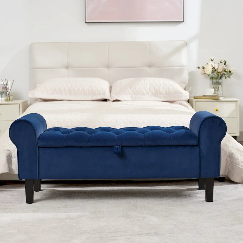 Banc de rangement en velours avec pieds en bois