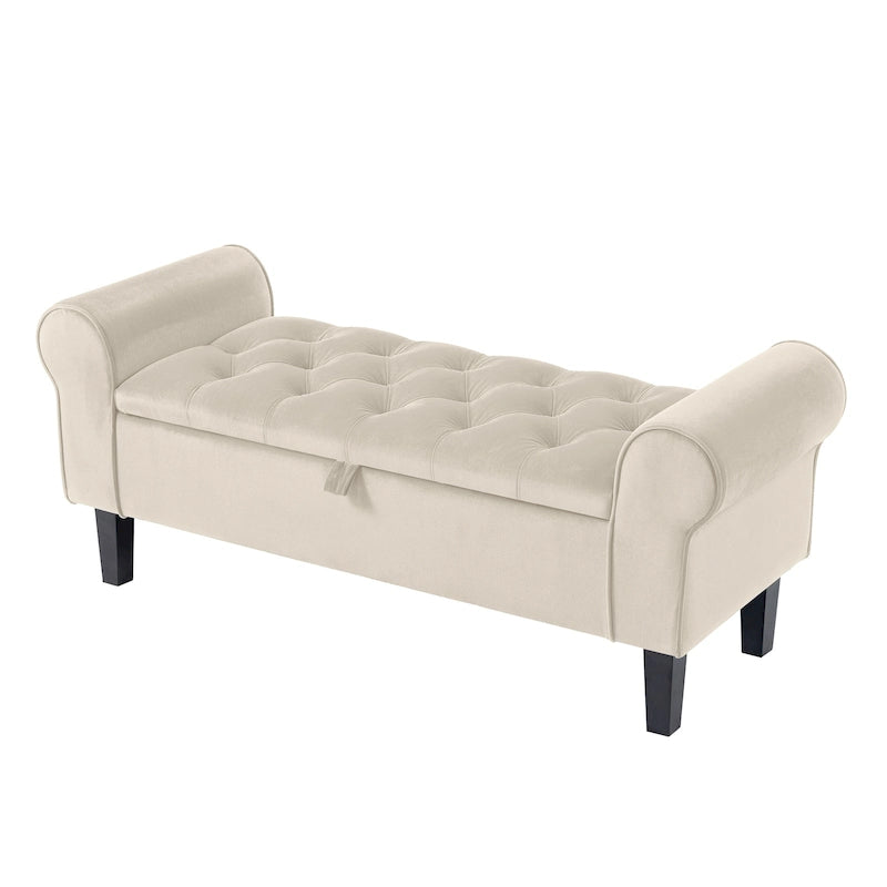 Banc de rangement en velours avec pieds en bois