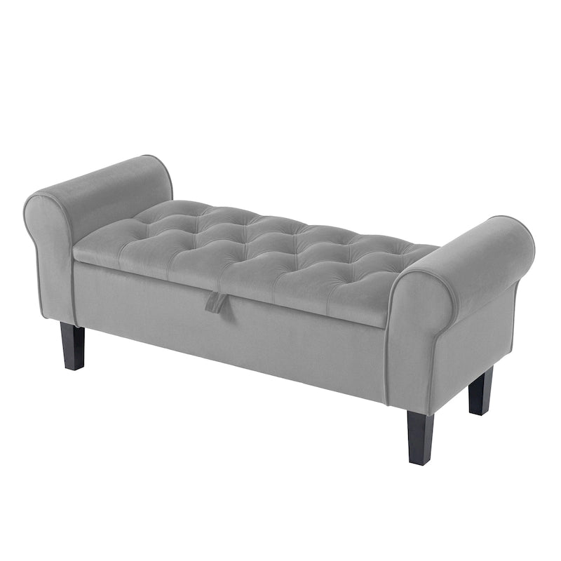 Banc de rangement en velours avec pieds en bois