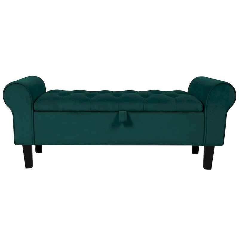Banc de rangement en velours avec pieds en bois