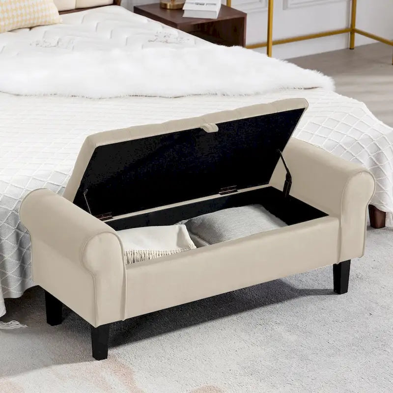Banc de rangement en velours avec pieds en bois