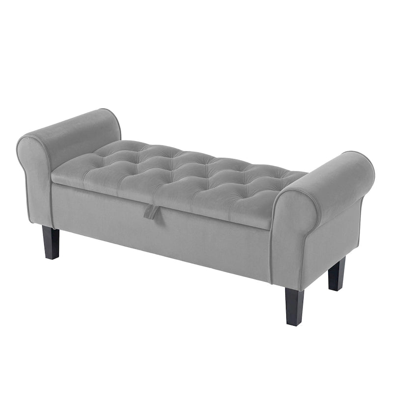 Banc de rangement en velours avec pieds en bois