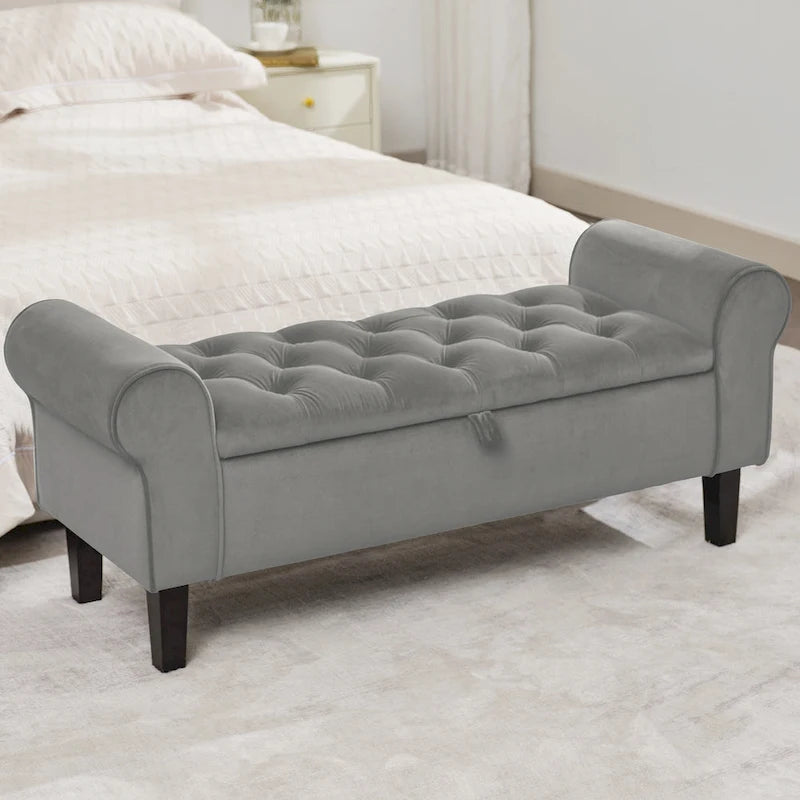 Banc de rangement en velours avec pieds en bois