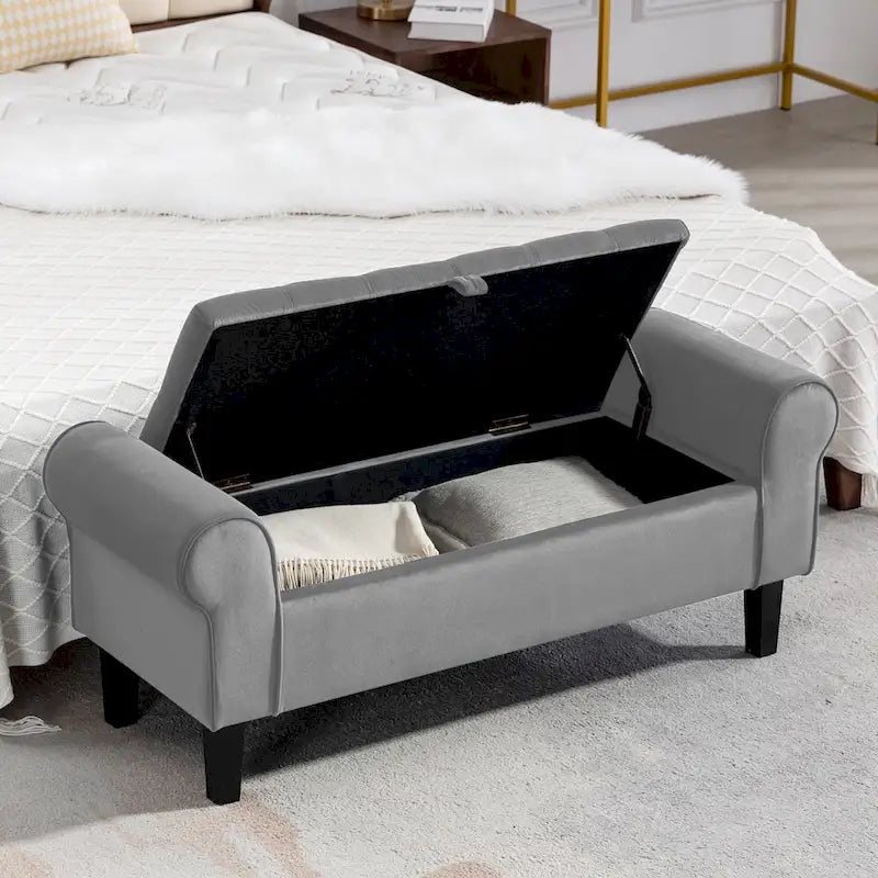 Banc de rangement en velours avec pieds en bois