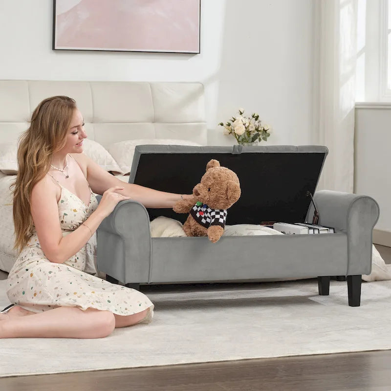 Banc de rangement en velours avec pieds en bois