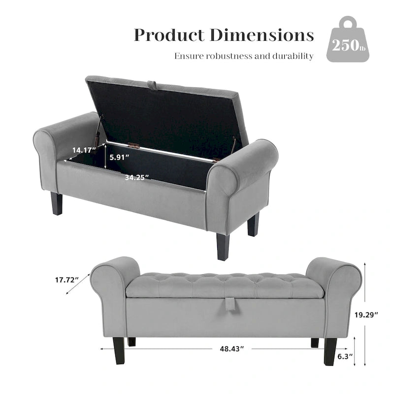 Banc de rangement en velours avec pieds en bois