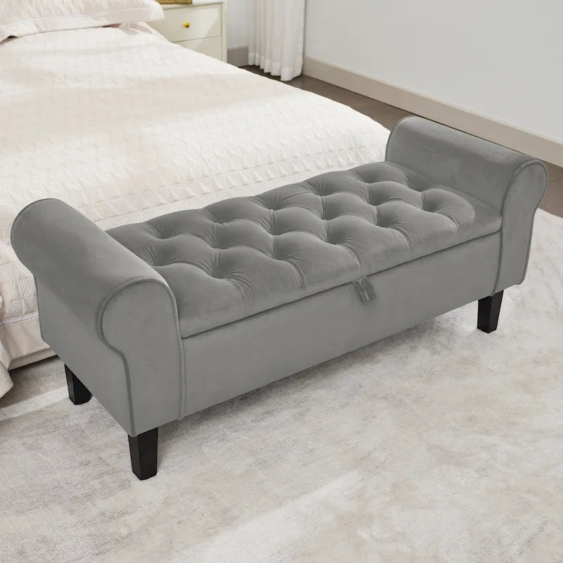 Banc de rangement en velours avec pieds en bois
