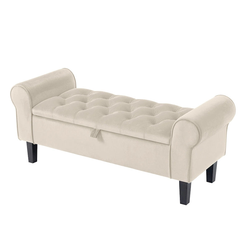 Banc de rangement en velours avec pieds en bois