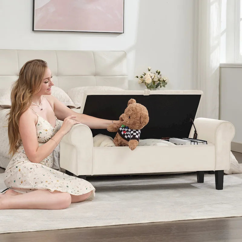 Banc de rangement en velours avec pieds en bois