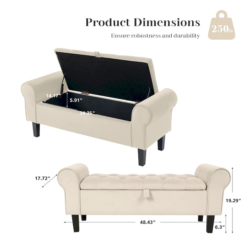 Banc de rangement en velours avec pieds en bois