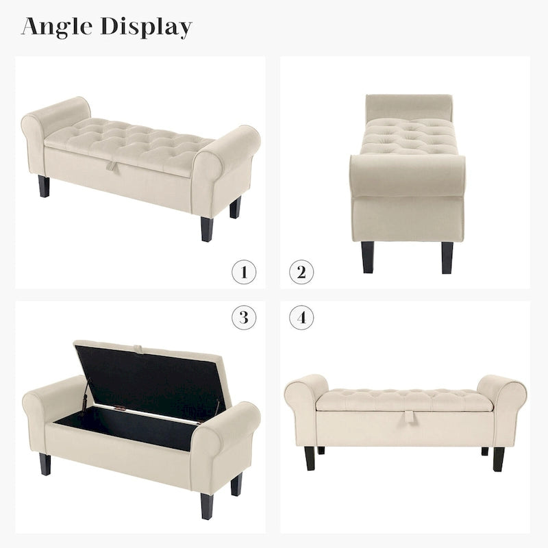 Banc de rangement en velours avec pieds en bois