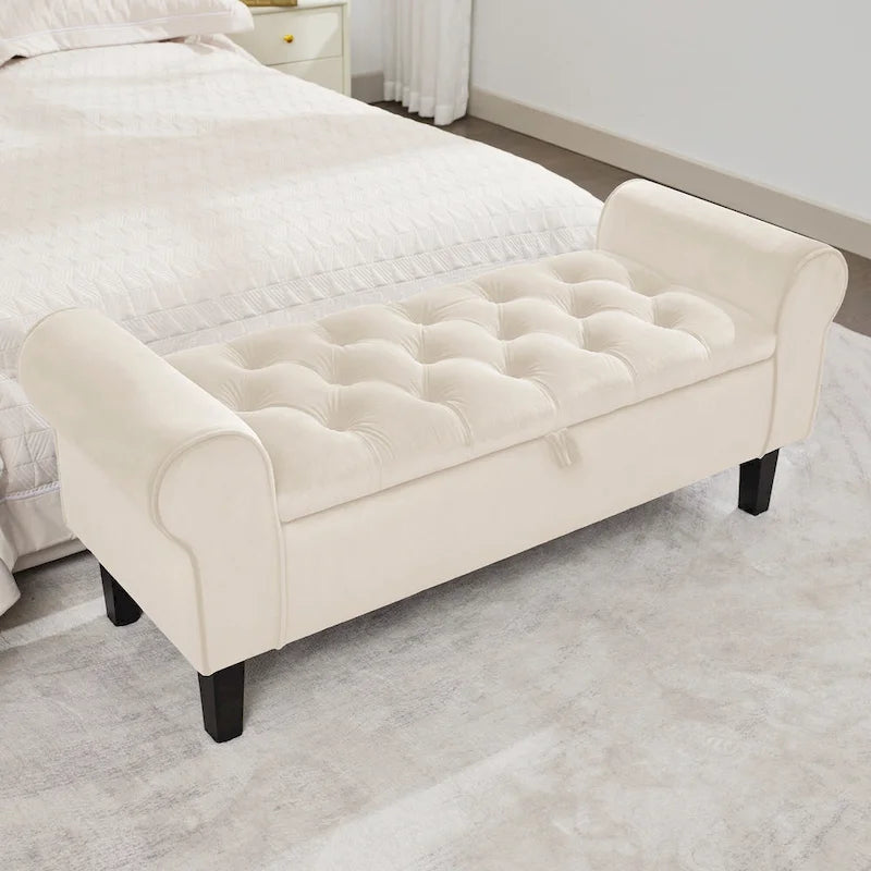 Banc de rangement en velours avec pieds en bois