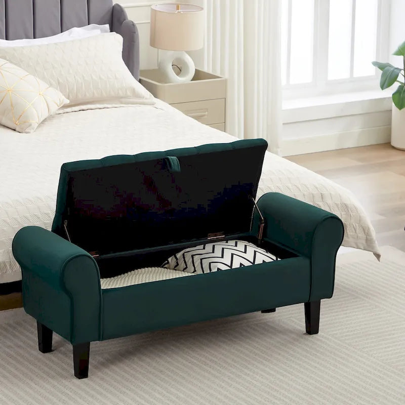 Banc de rangement en velours avec pieds en bois