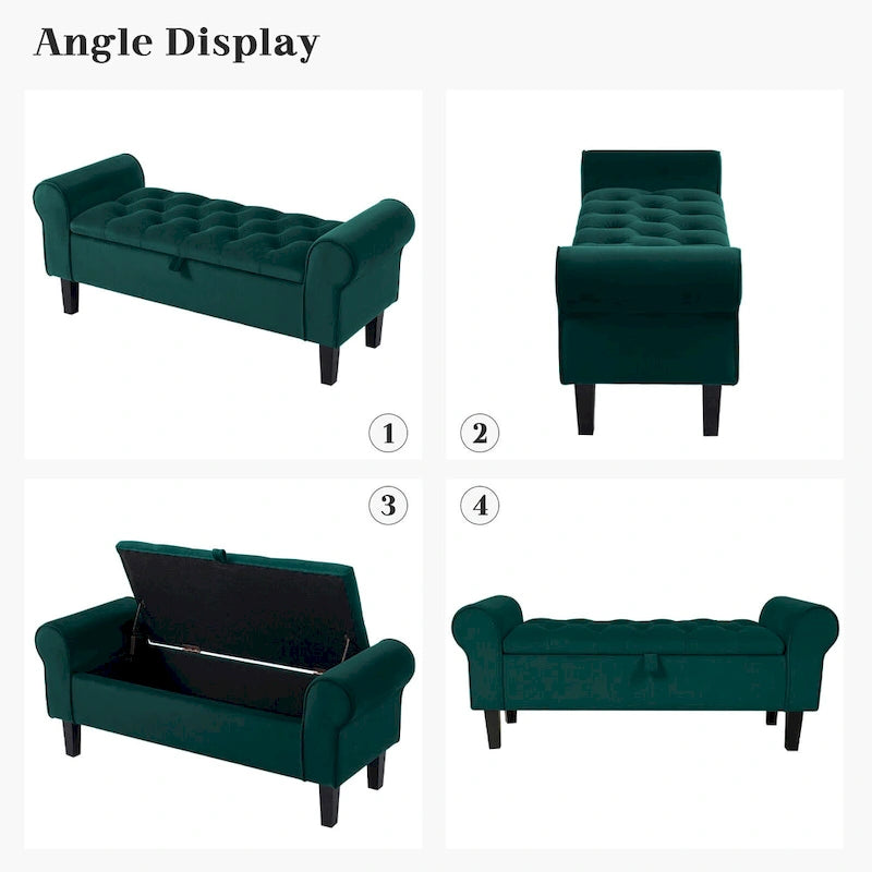 Banc de rangement en velours avec pieds en bois