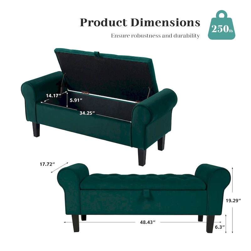 Banc de rangement en velours avec pieds en bois