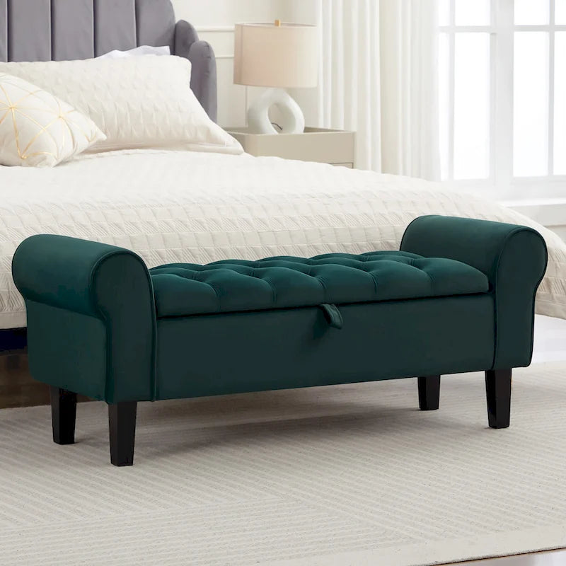 Banc de rangement en velours avec pieds en bois