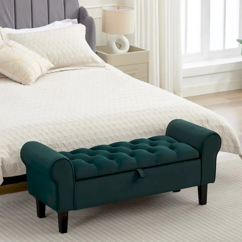 Banc de rangement en velours avec pieds en bois