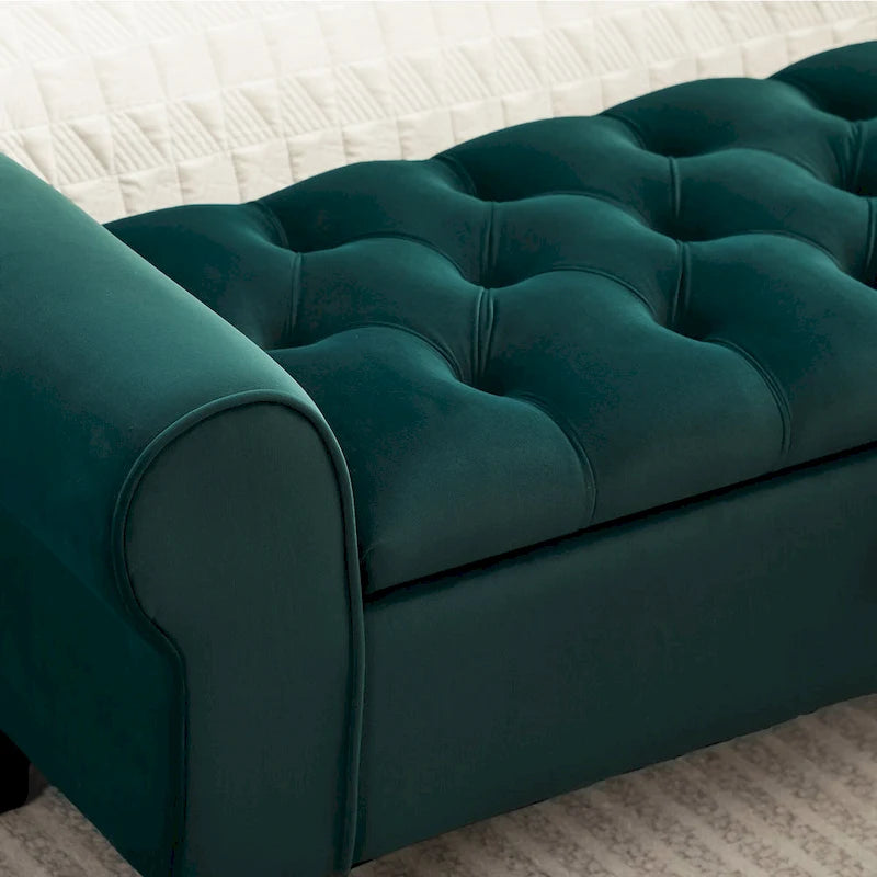 Banc de rangement en velours avec pieds en bois