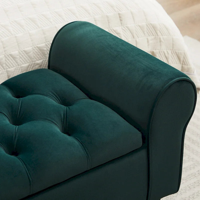 Banc de rangement en velours avec pieds en bois