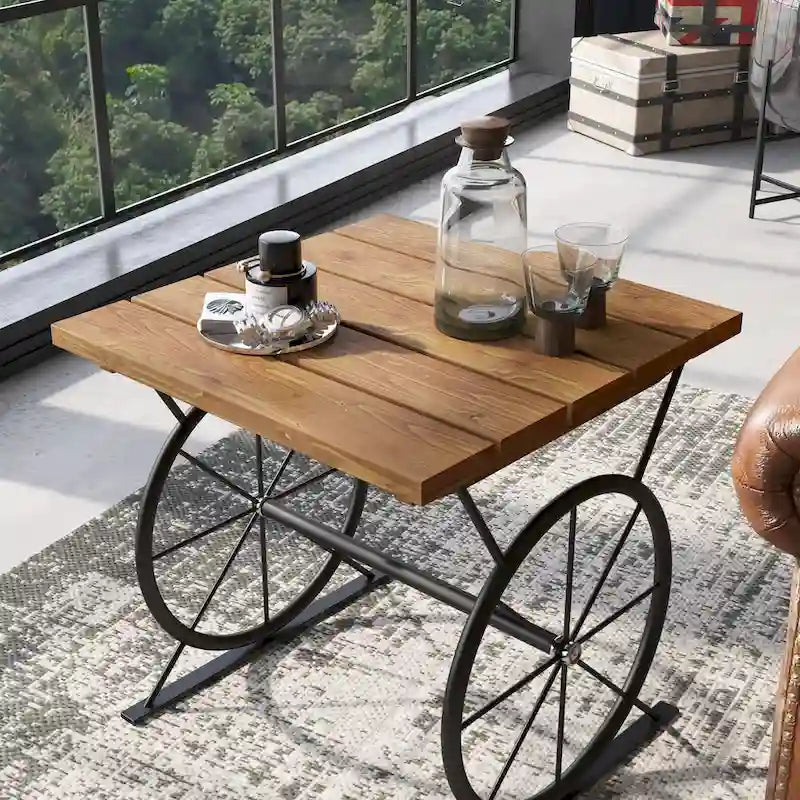 Table d'appoint en métal industriel avec plateau en bois massif